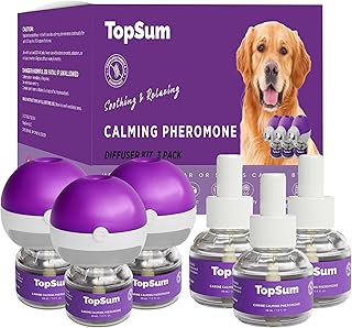 TopSum Calming Diffuser for Dog: 3 Pack Dog Pheromones Calming Diffuser Plug for Stress, Barking, Chewing, Pee Accidents & Separation Behaviors (3 Diffusers + 3 Refills)